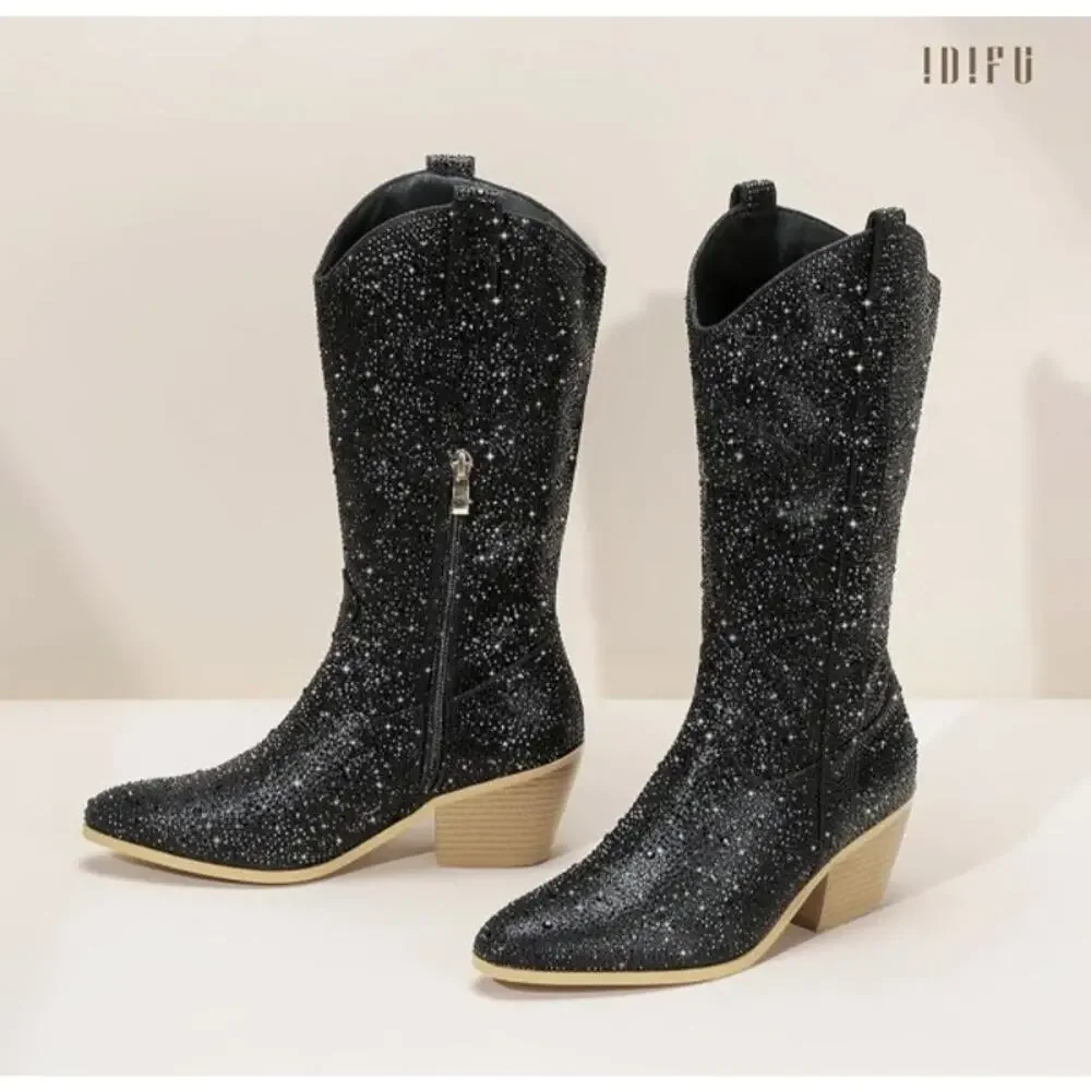 Er. MSRP $131 NWB IDIFU BLACK RHINESTONE MID CALF WESTERN COWBOY BOOTS ♡SIZE 8♡